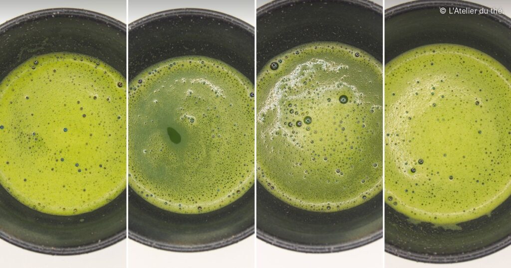 De gauche à droite : le matcha préparé avec Mont Roucous, Evian, Contrex et Volvic. Même protocole pour chaque eau : 2 g de matcha et 60 ml d’eau à 80 °C.