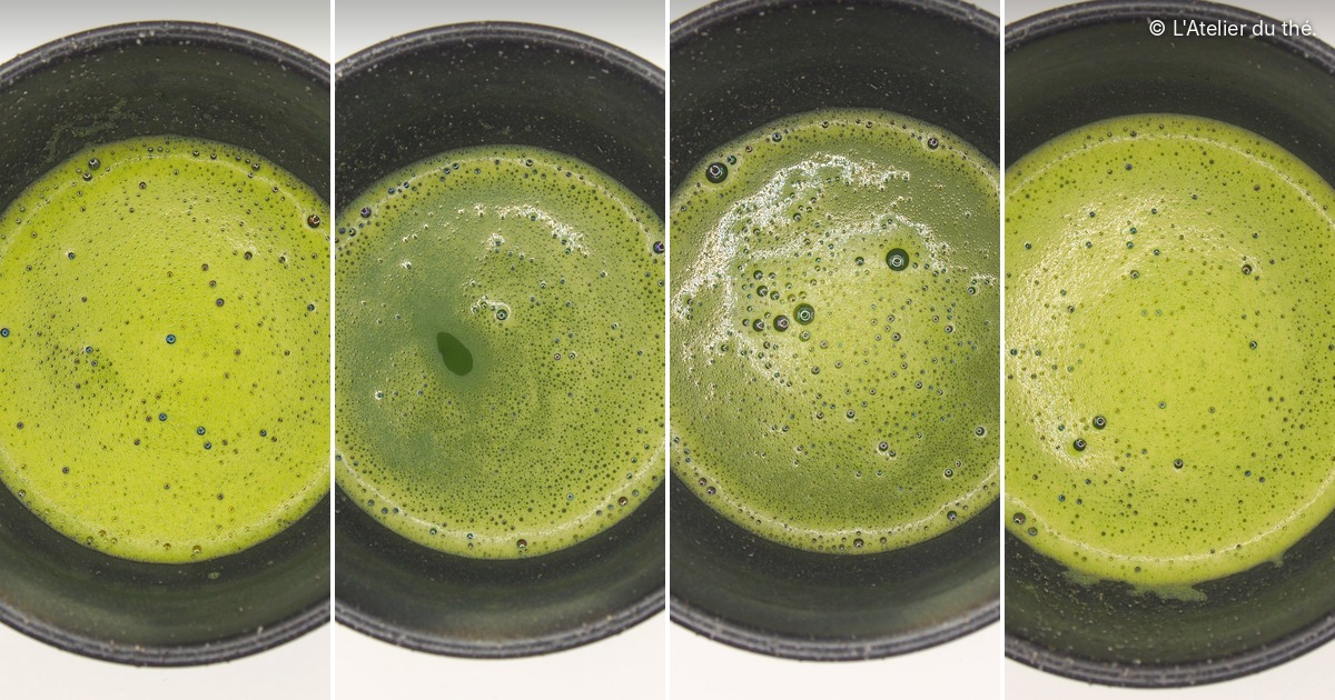 De gauche à droite : le matcha préparé avec Mont Roucous, Evian, Contrex et Volvic. Même protocole pour chaque eau : 2 g de matcha et 60 ml d’eau à 80 °C.