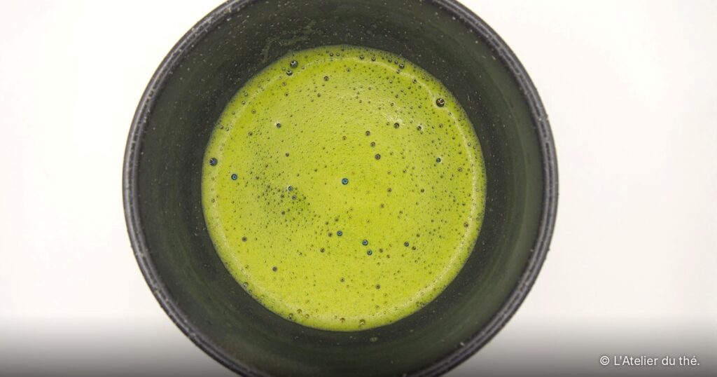 Matcha préparé avec l’eau Mont Roucous : une mousse très fine et un parfum de feuille de thé très frais, mais un umami plus discret que prévu.